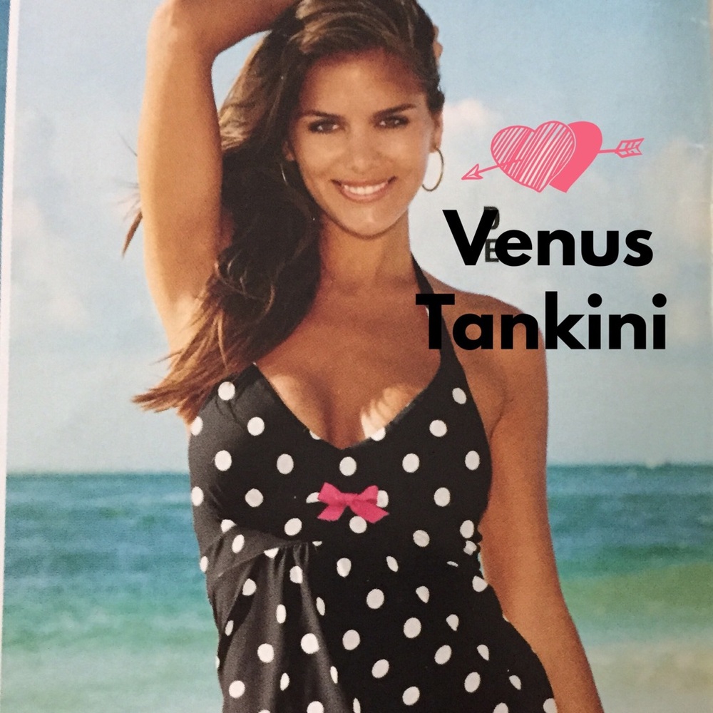 VENUS Black And White Polka Dot Tankini With Pink Bow